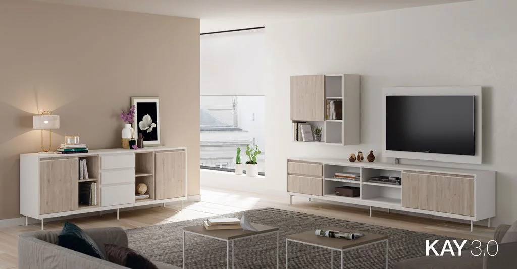 Composición de salón moderno con un mueble TV y un aparador bajo