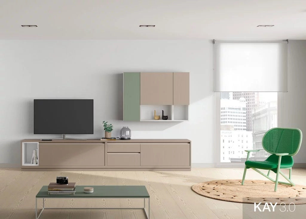 Composición de salón con mueble para televisión con estantería colgada