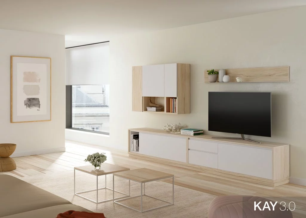Composición de salón con mueble TV con colores claros