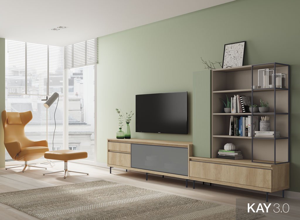 Composición de salón con mueble tv junto a una estantería con marco metálico