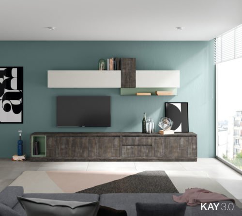 Composición de salón con los muebles en color Borneo, Blanco y Verde té