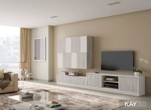 Mobiliario salón moderno en color Fresno y Blanco combinados