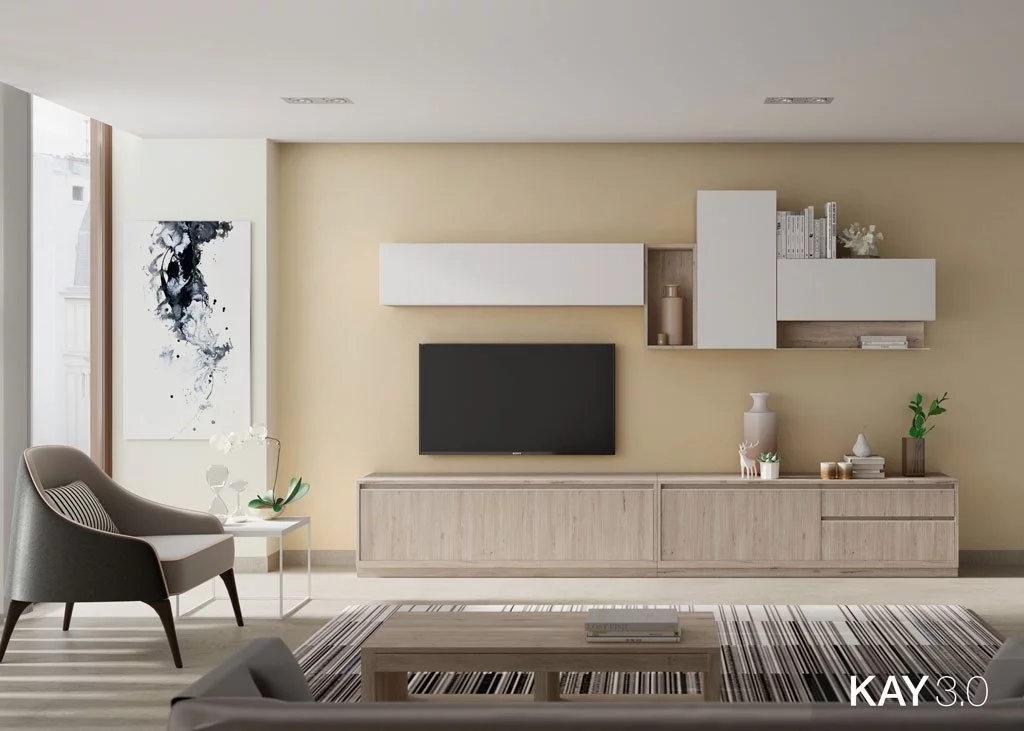 Mobiliario de salón con un mueble tv y unas estanterías colgadas a pared