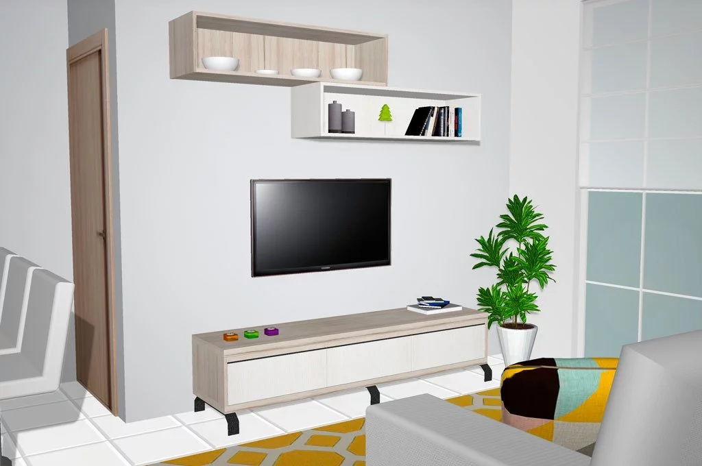 Mueble bajo TV con estanterías para decoración