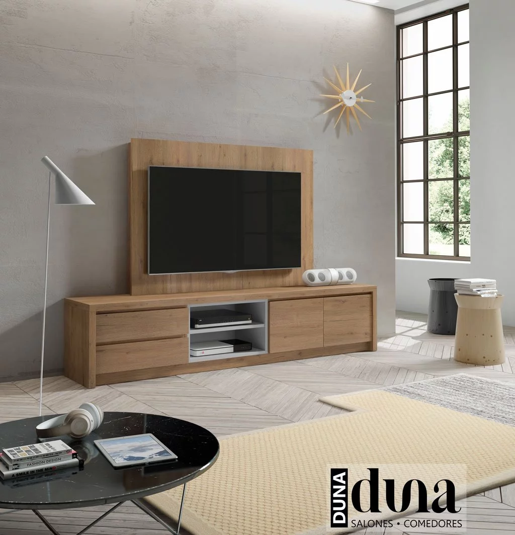 Mueble con panel de televisión modelo D112C con cajones, hueco doble y puertas