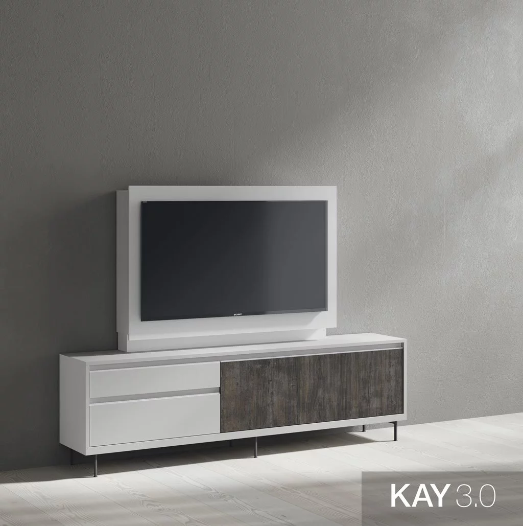 Mueble TV Blanco con un panel giratorio con estanterías ocultas