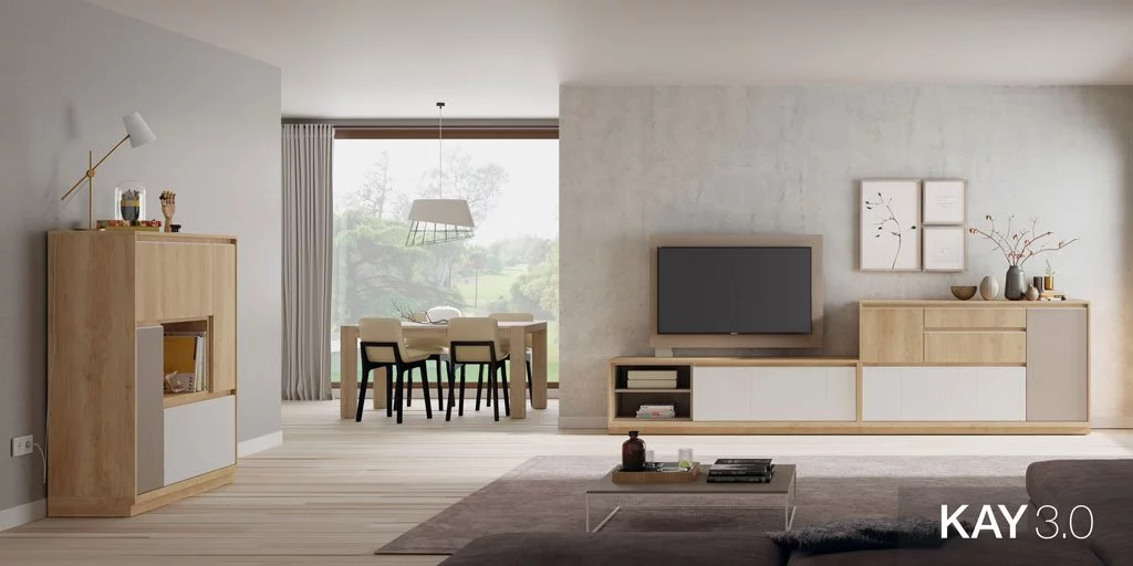 Salón comedor moderno con un mueble tv, un aparador y una mesa extensible