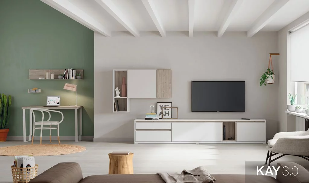 Salón moderno con una composición con mueble tv y una mesa escritorio