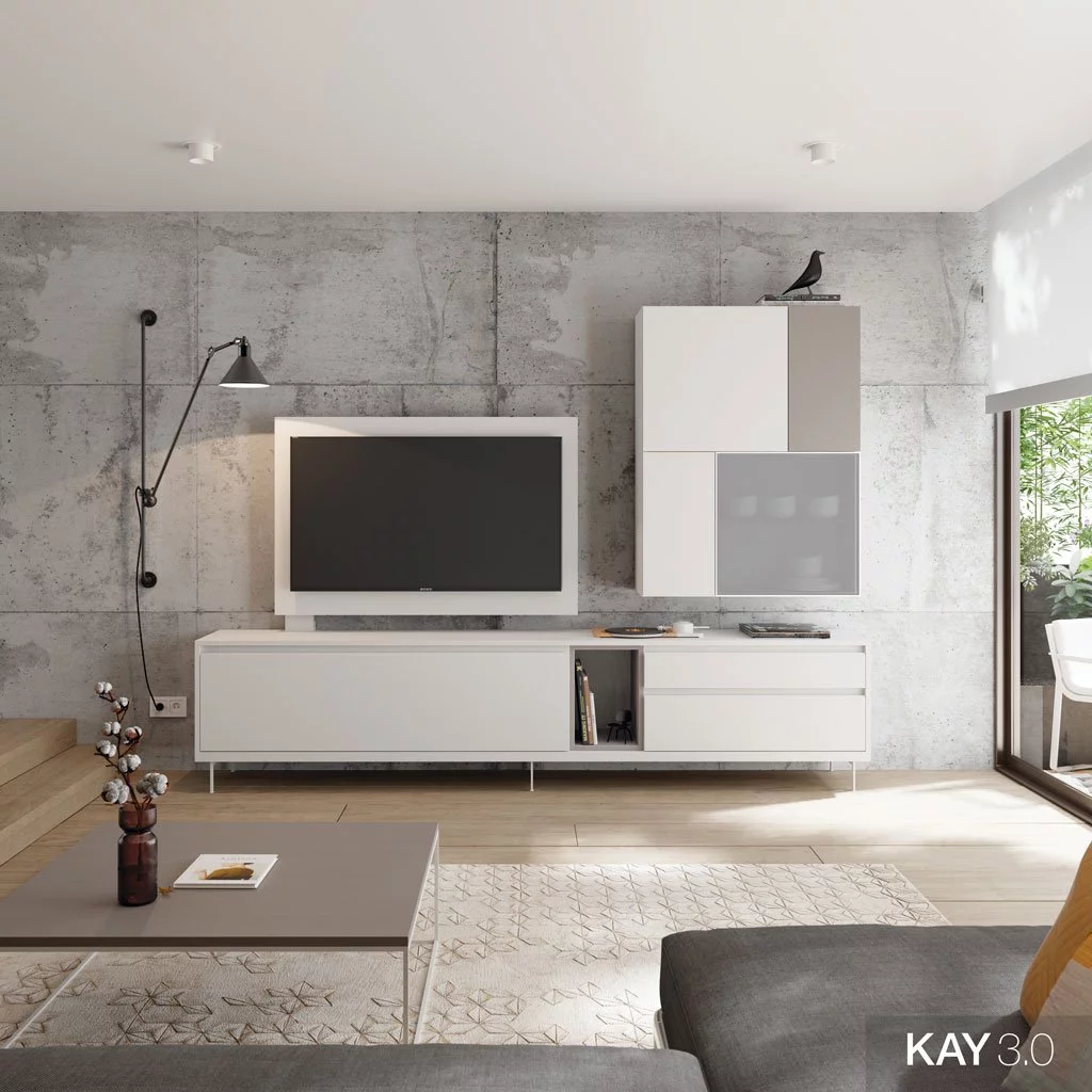 Salón moderno con el mueble TV color Blanco con módulos combinados