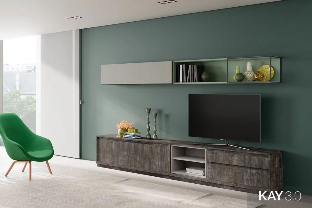 Salón con un mueble tv bajo en color Borneo y unas estanterías altas