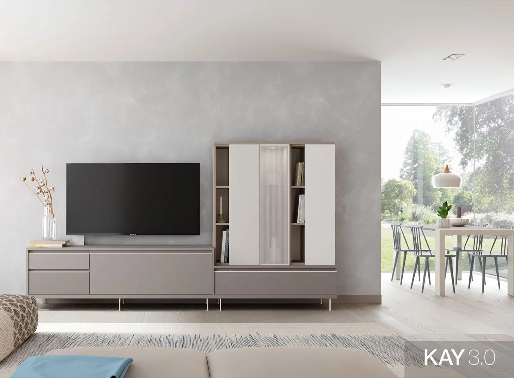 Salón moderno con un mueble tv en color Gris fumé con una vitrina vertical