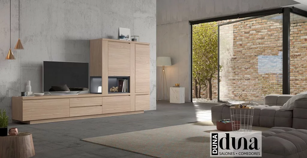 Salón moderno con un mueble TV junto a una estantería decorativa