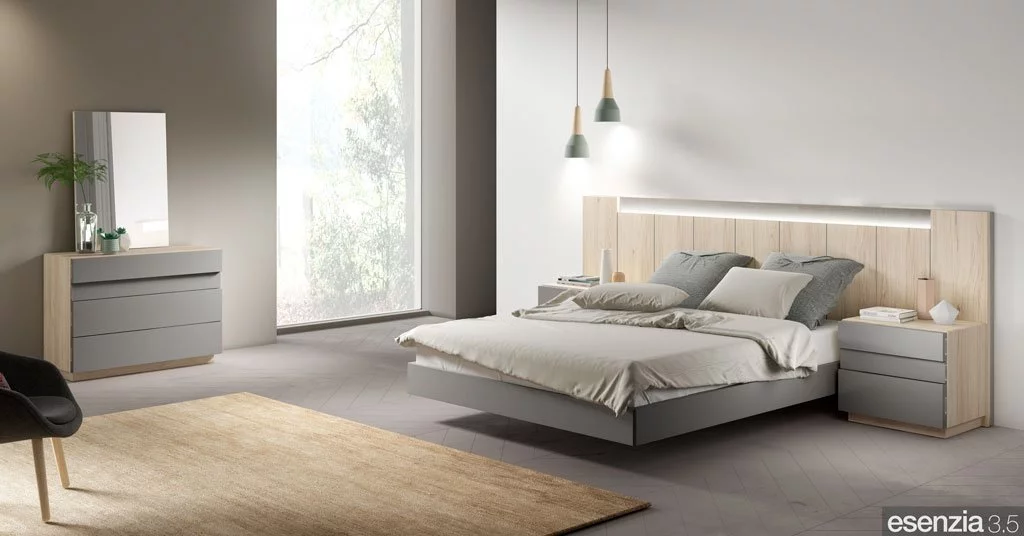 Dormitorio con el cabezal de cama modelo Tucson con luz led integrada