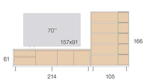 Medidas de la composición con un mueble para la televisión y estanterías 22