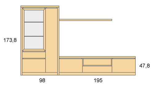 Medidas de la composición del salón con una vitrina vertical D02