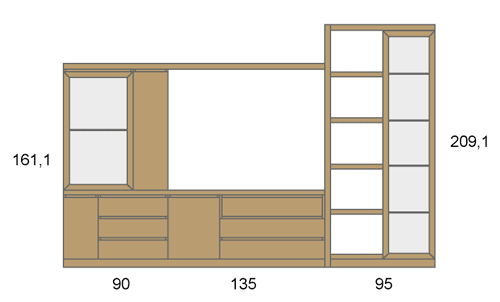 Medidas de la composición de un salón con vitrinas D26