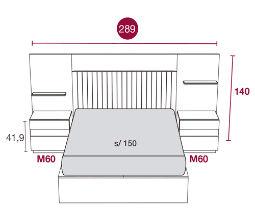 Medidas del dormitorio moderno con el cabecero Daytona 108