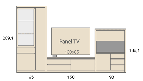 Medidas del mobiliario del salon comedor con una vitrina vertical D30