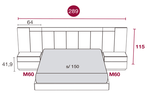 Medidas de los muebles del dormitorio con el cabezal Tucson 117