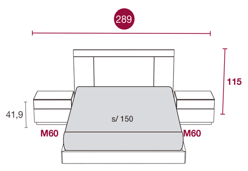 Medidas de los muebles del dormitorio de matrimonio con el cabezal Bogota 133