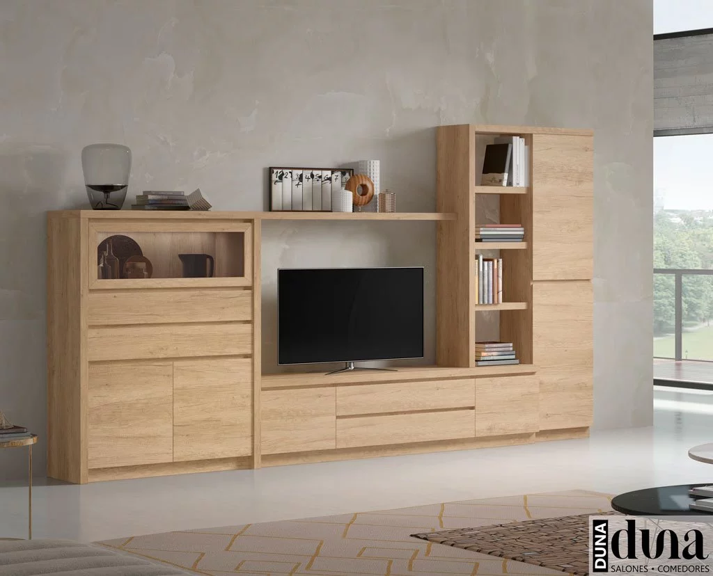 Composición de salón con vitrina horizontal y mueble TV
