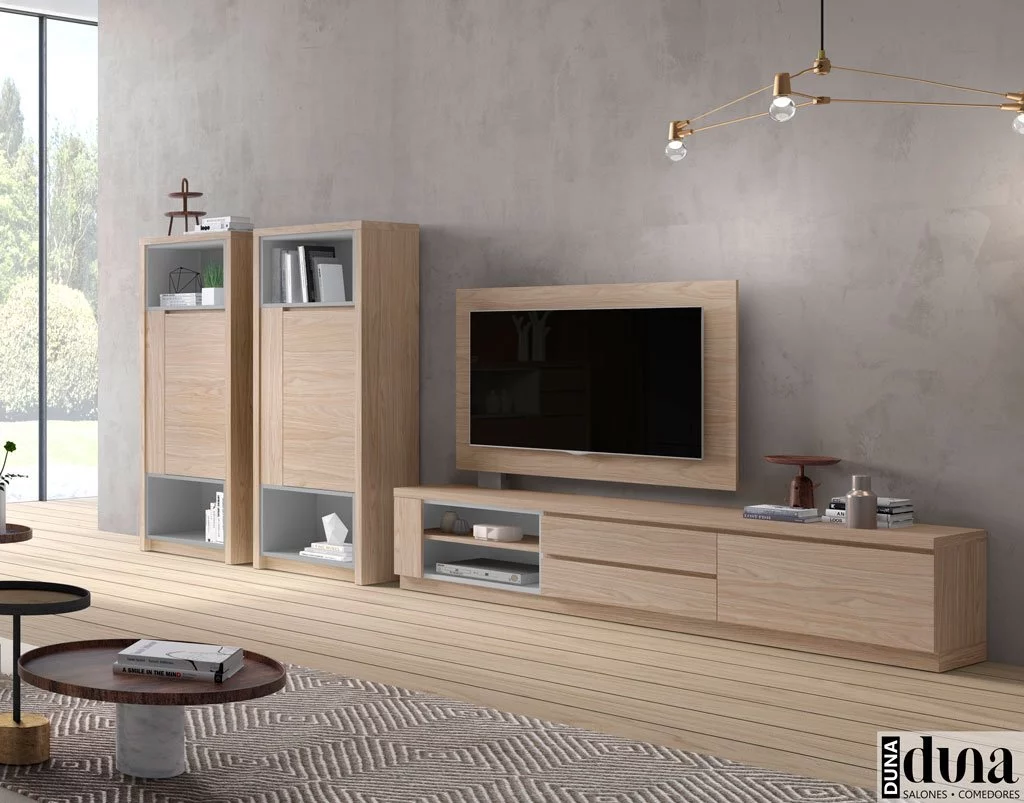 Mobiliario de salón con un mueble TV y panel giratorio televisión