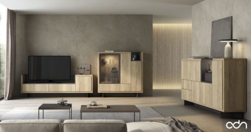 Composición completa de salón con mueble tv, vitrina y aparador
