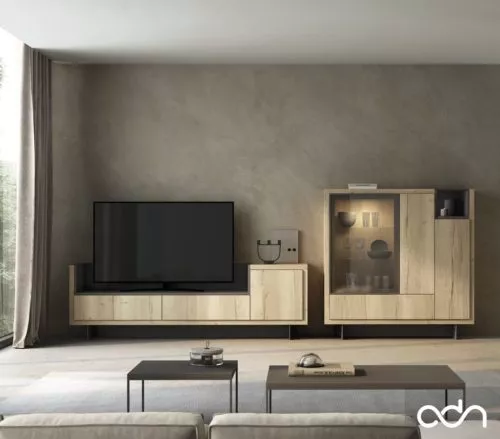 Mobiliario de salón minimalista con un mueble tv y una vitrina