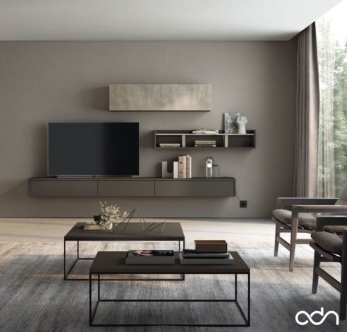 Composición colgada de salón con un mueble para la televisión y estanterias