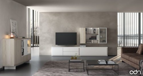 Salón con aparador y mueble tv con estanterias y vitrina colgadas