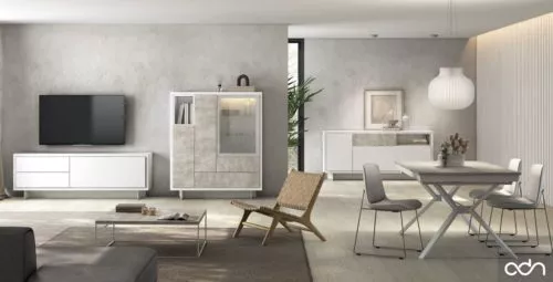 Composición completa de salón comedor con mueble TV con vitrina, mesa comedor y aparador