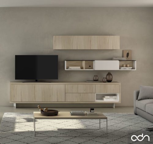 Salón con mueble TV complementado con estanterias colgadas