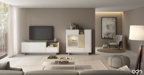 Composición de salón con mueble TV y una vitrina como complemento