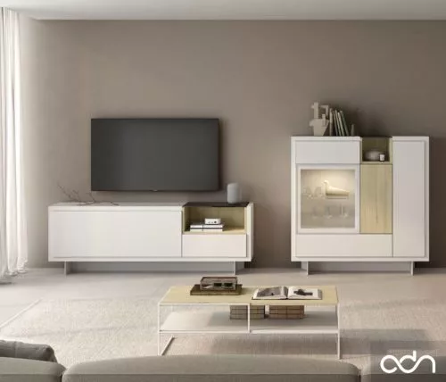 Salón moderno con mueble televisión con aparador vitrina