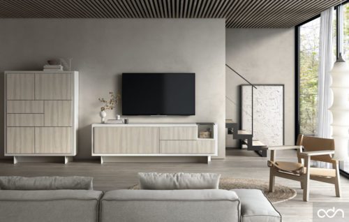 Salón moderno con un mueble TV junto a un aparador alto