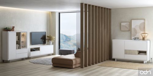 Composición completa de salón con mueble TV, aparador y vitrina en color Blanco Seda