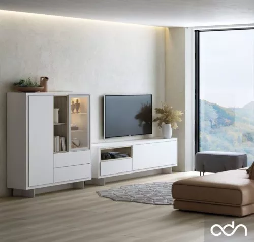 Salón minimalista con mueble TV y aparador vitrina vertical