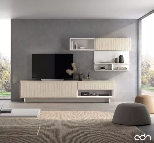 Salón elegante con un mueble TV con estanterias combinadas