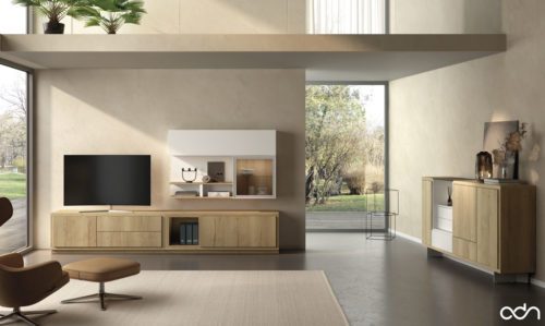 Composición de salón con mueble TV con estantes con vitrina complementado con un aparador