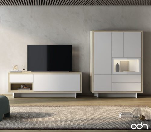 Salón minimalista con un mueble para la televisión y aparador con vitrina