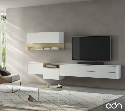 Salón moderno minimalista con los muebles colgados