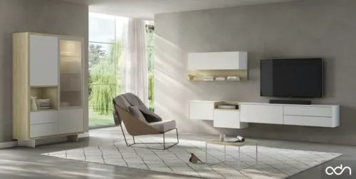 Composición de salón con los muebles colgados con una vitrina aparador vertical