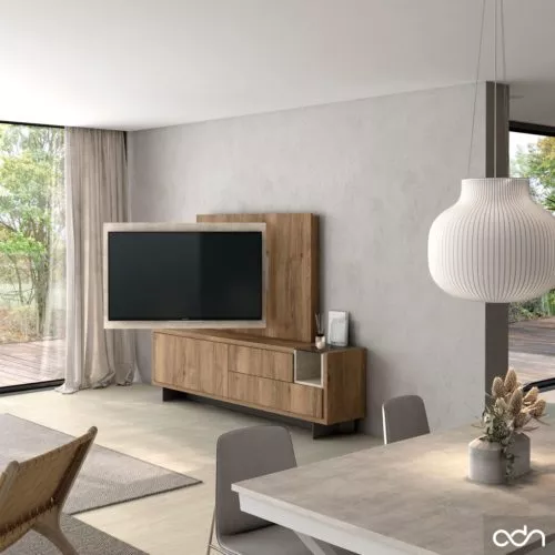 Mueble con panel TV giratorio para ver la televisión desde el salón o el comedor