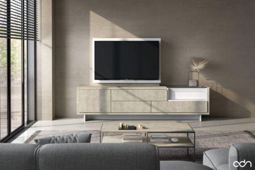 Mueble TV bajo en color Petra con el detalle de los cajones en Blanco Seda