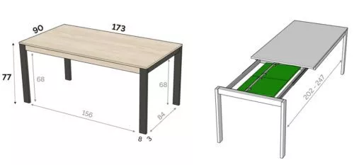 Medidas interiores y exteriores de la mesa extensible modelo C de dos alas de 173 cm