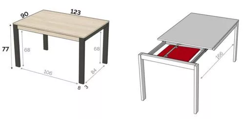 Medidas interiores y exteriores de la mesa extensible modelo C de una ala de 123 cm