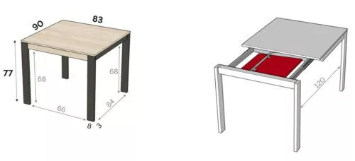 Medidas interiores y exteriores de la mesa extensible modelo C de una ala de 83 cm