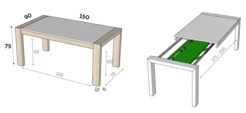Medidas interiores y exteriores de la mesa extensible modelo U de dos alas de 150 cm
