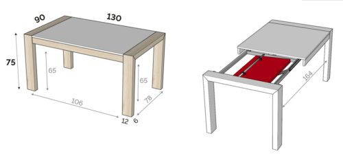 Medidas interiores y exteriores de la mesa extensible modelo U de una ala de 130 cm