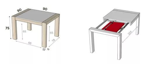 Medidas interiores y exteriores de la mesa extensible modelo U de una ala de 90 cm